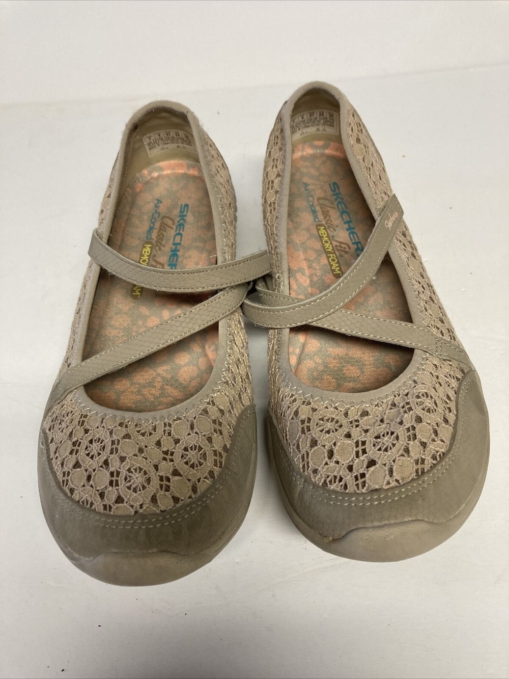 Womens Skecher Air Cooled Memory Foam Beige Slip On Strap Shoes 23258 Sz 7